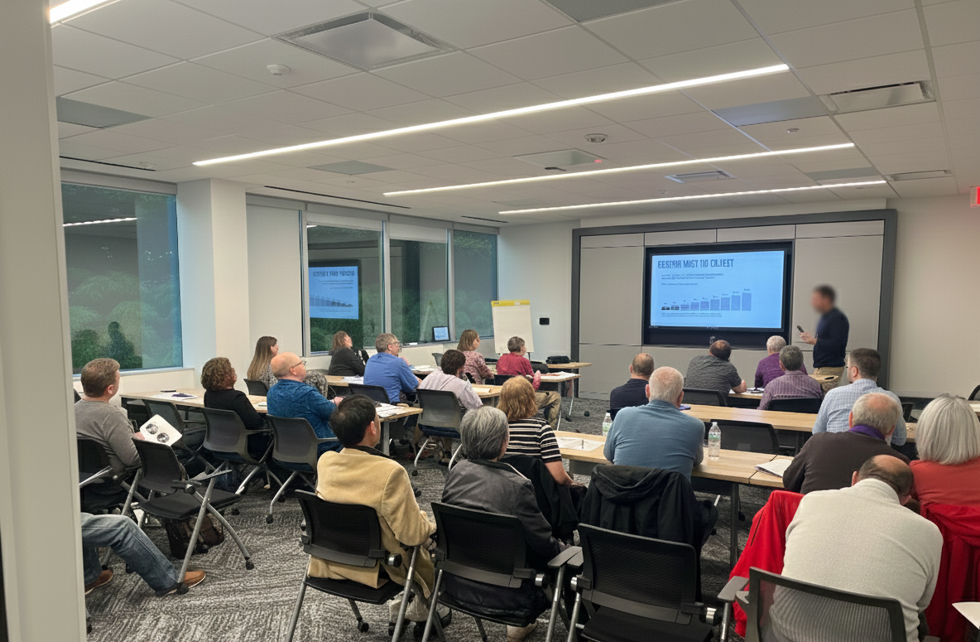 Financial advisor teaching a Nexruto seminar. Seminar room is filled with interested pre-retirees with roughly $1,000,000 to invest.